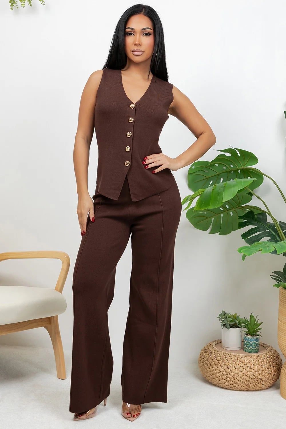 Brown knit vest and pants set with gold buttons Brown knit vest and pants set with gold buttons — Brown Vest Outfit
