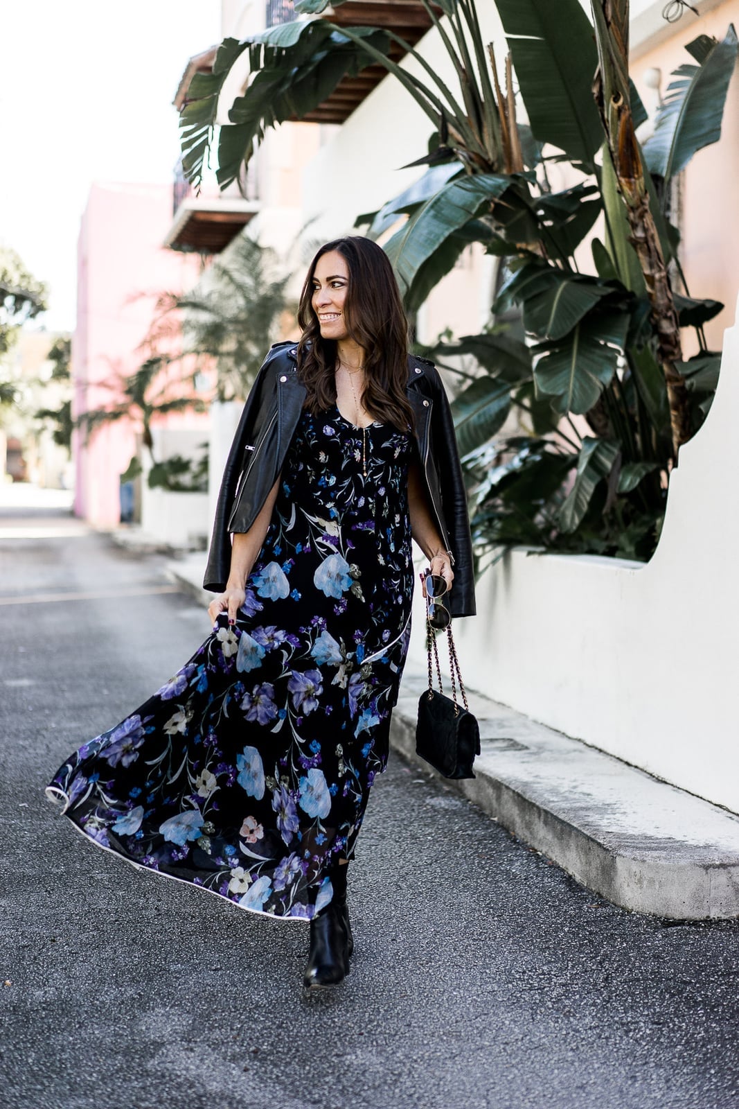 Floral Maxi Dress With Leather Jacket Floral Maxi Dress With Leather Jacket — Brunch Outfits
