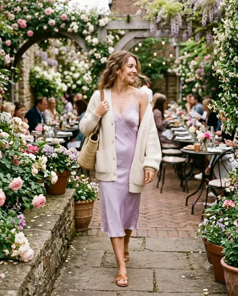 Satin Slip Dress And Knit Cardigan For Brunch Satin Slip Dress And Knit Cardigan For Brunch — Brunch Outfits