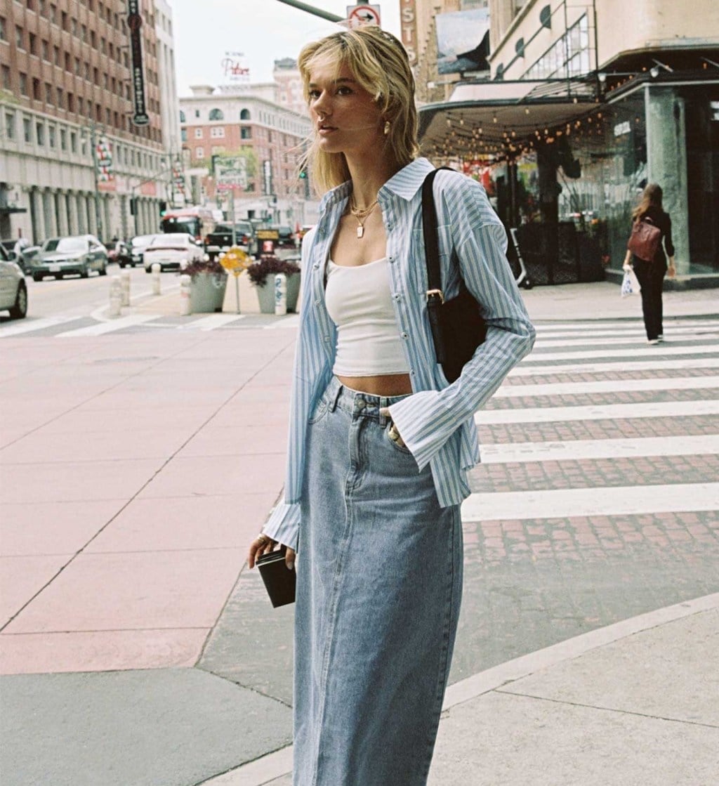 Denim Maxi Skirt With Striped Shirt Denim Maxi Skirt With Striped Shirt — Brunch Outfits