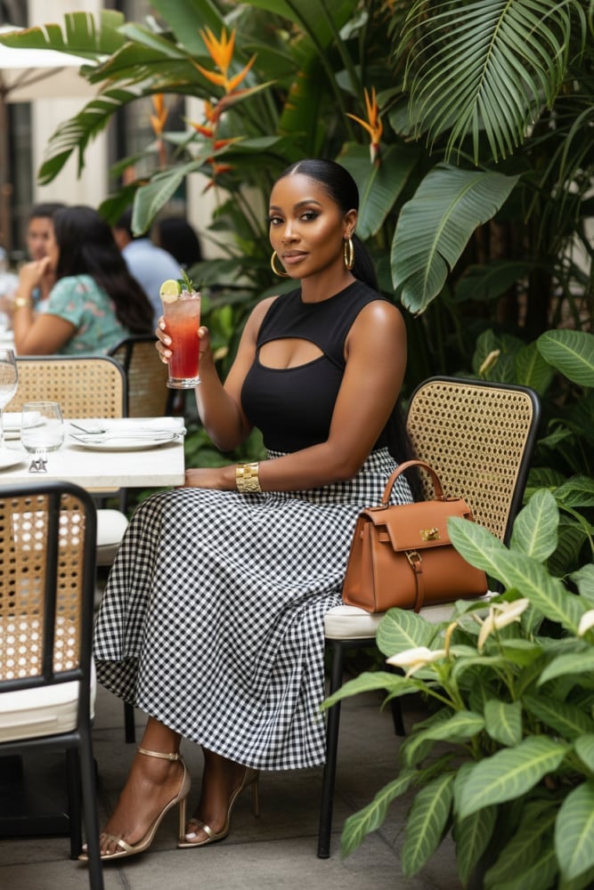 Black sleeveless top with gingham maxi skirt for brunch Black sleeveless top with gingham maxi skirt for brunch — Brunch Outfits Black Women