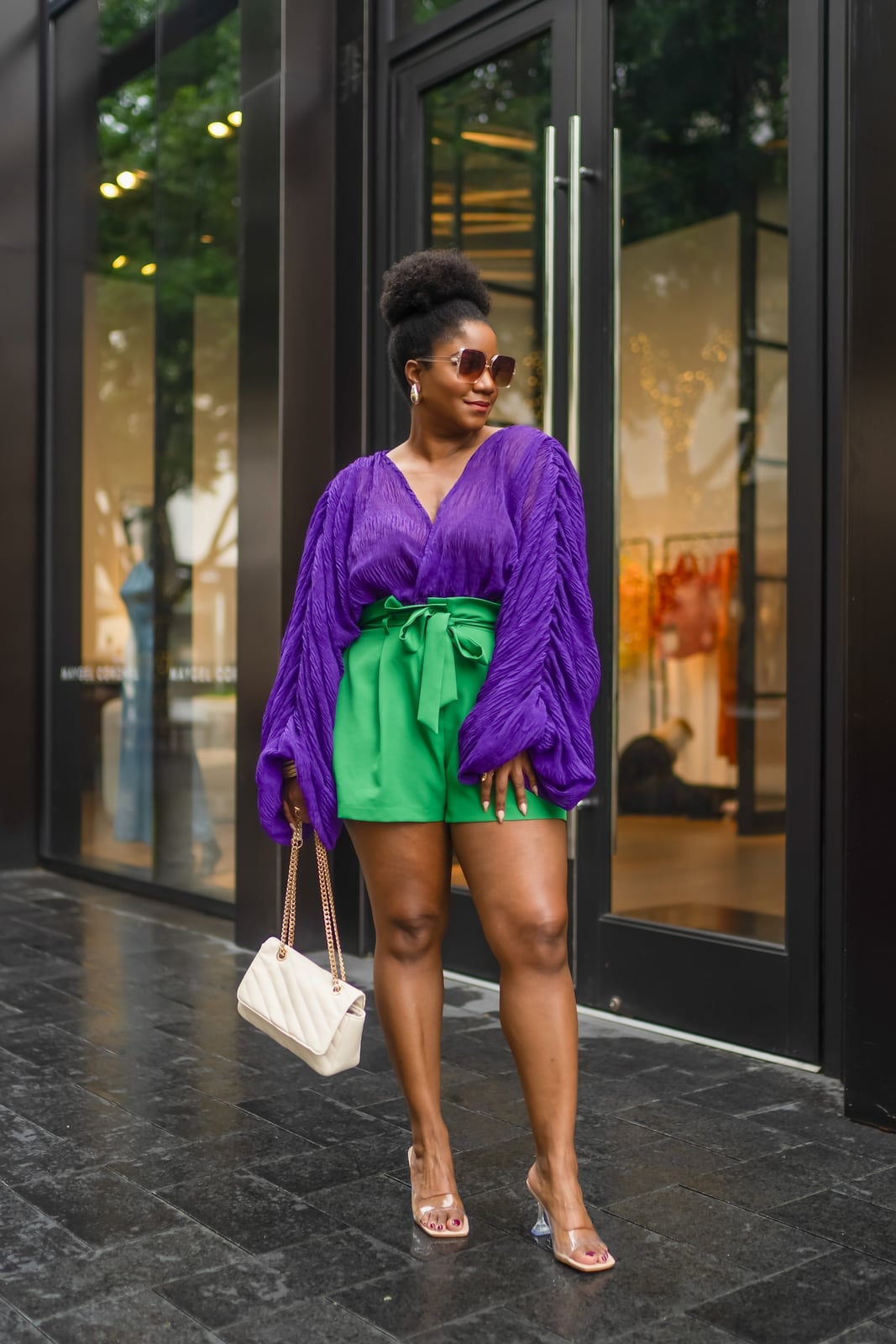 Purple voluminous sleeve blouse with green shorts Purple voluminous sleeve blouse with green shorts — Brunch Outfits Black Women