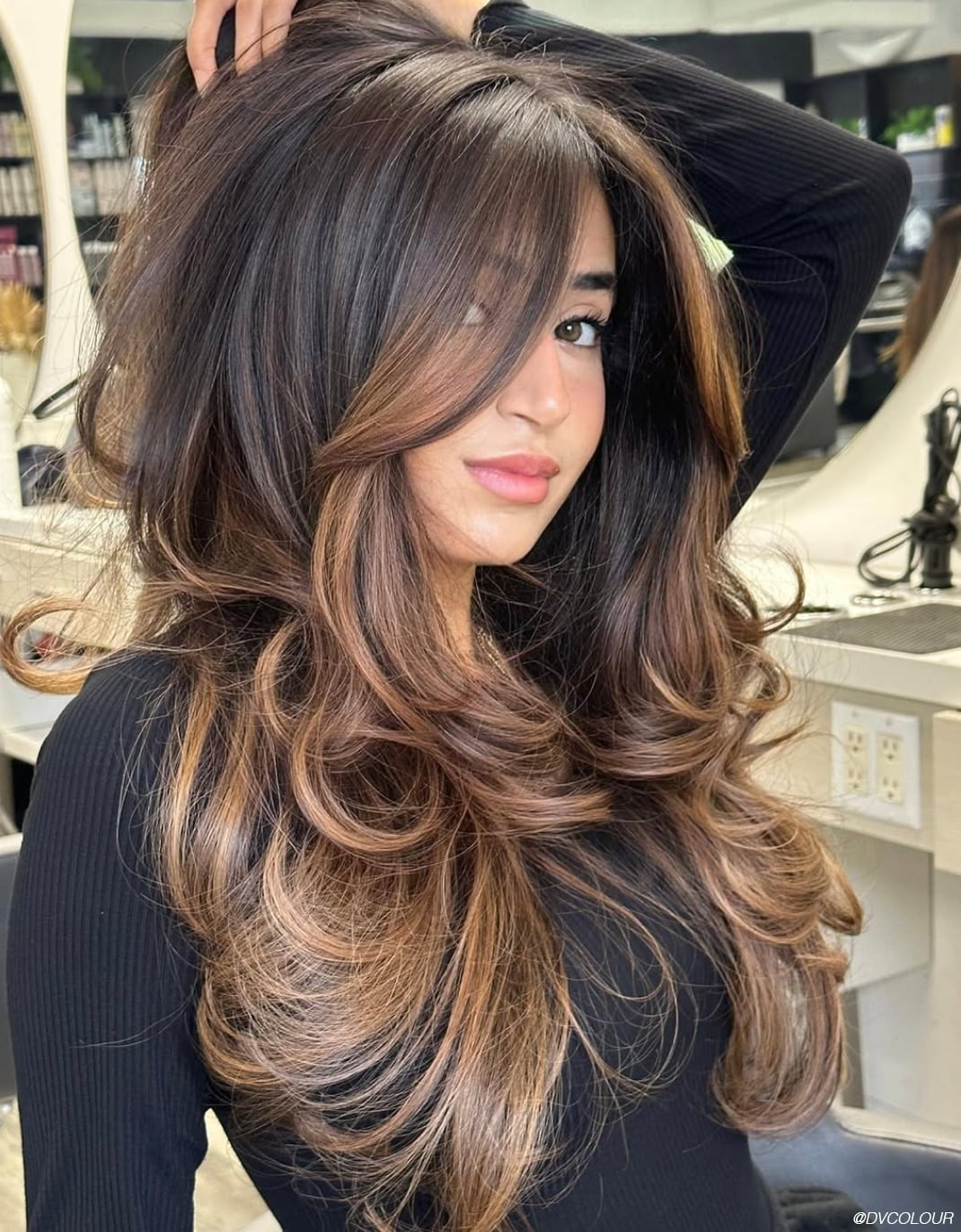 Mid-Back Length Brunette Balayage With Caramel Tones Mid-Back Length Brunette Balayage With Caramel Tones — Brunette Hair Colors
