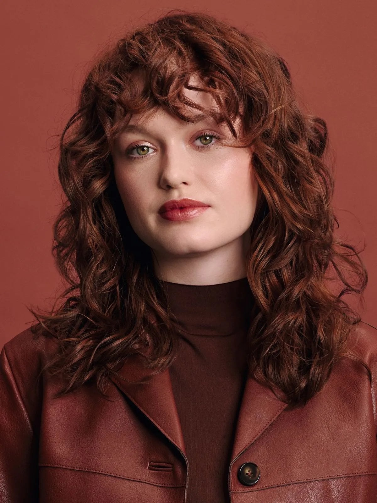 Shoulder Length Rich Auburn Brown Shag With Curly Bangs Shoulder Length Rich Auburn Brown Shag With Curly Bangs — Brunette Hair Colors