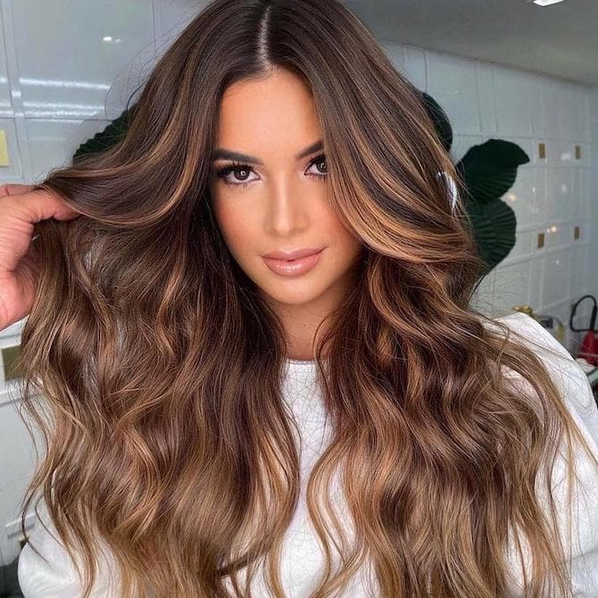 Dark Brown With Caramel Balayage And Curtain Bangs Dark Brown With Caramel Balayage And Curtain Bangs — Brunette Hair Colors