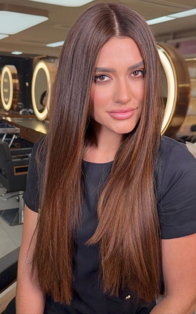 Sleek Chocolate Brown With Balayage Highlights Sleek Chocolate Brown With Balayage Highlights — Brunette Hair Colors