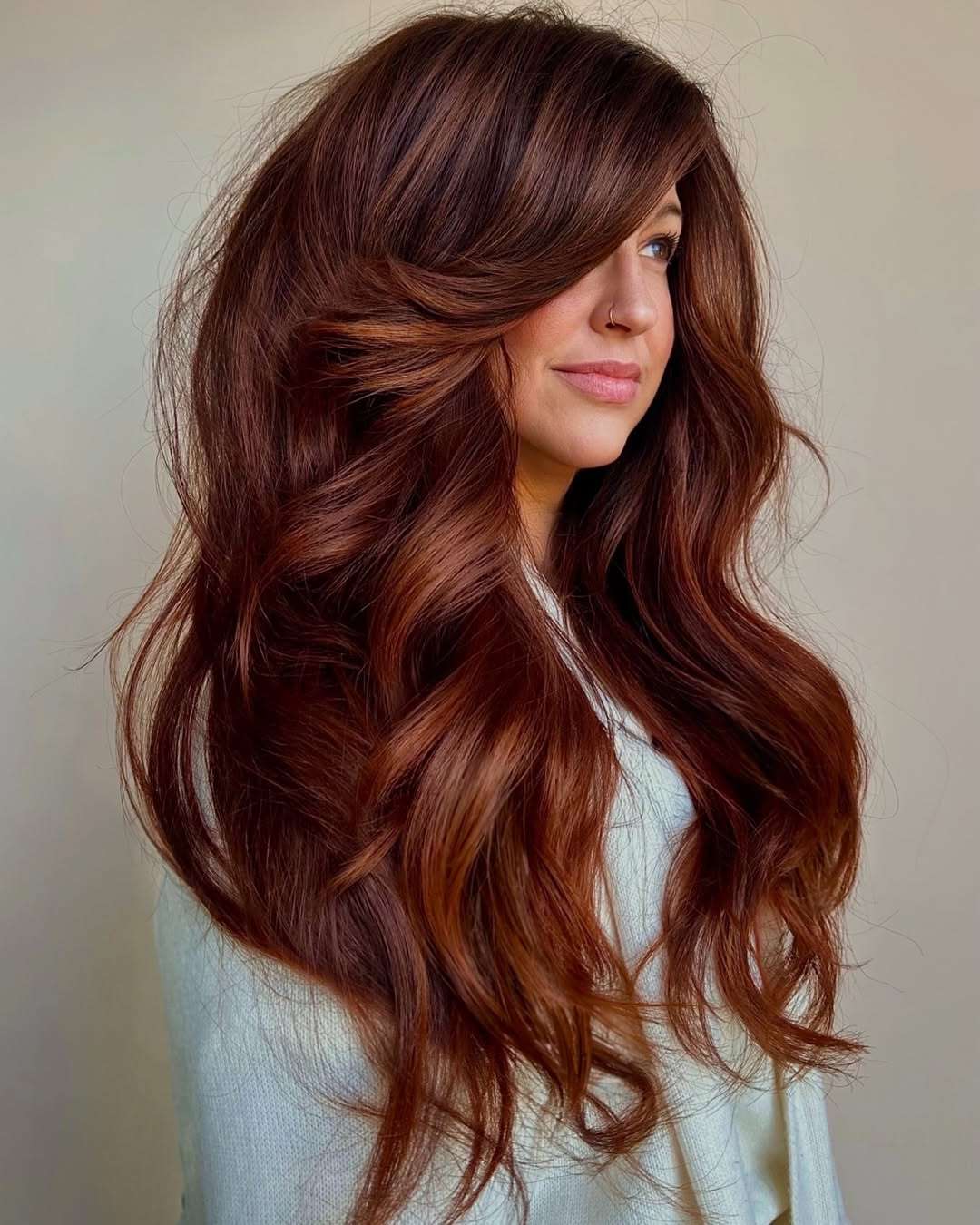 Deep Auburn Brown With Side-Swept Bangs Deep Auburn Brown With Side-Swept Bangs — Brunette Hair Colors