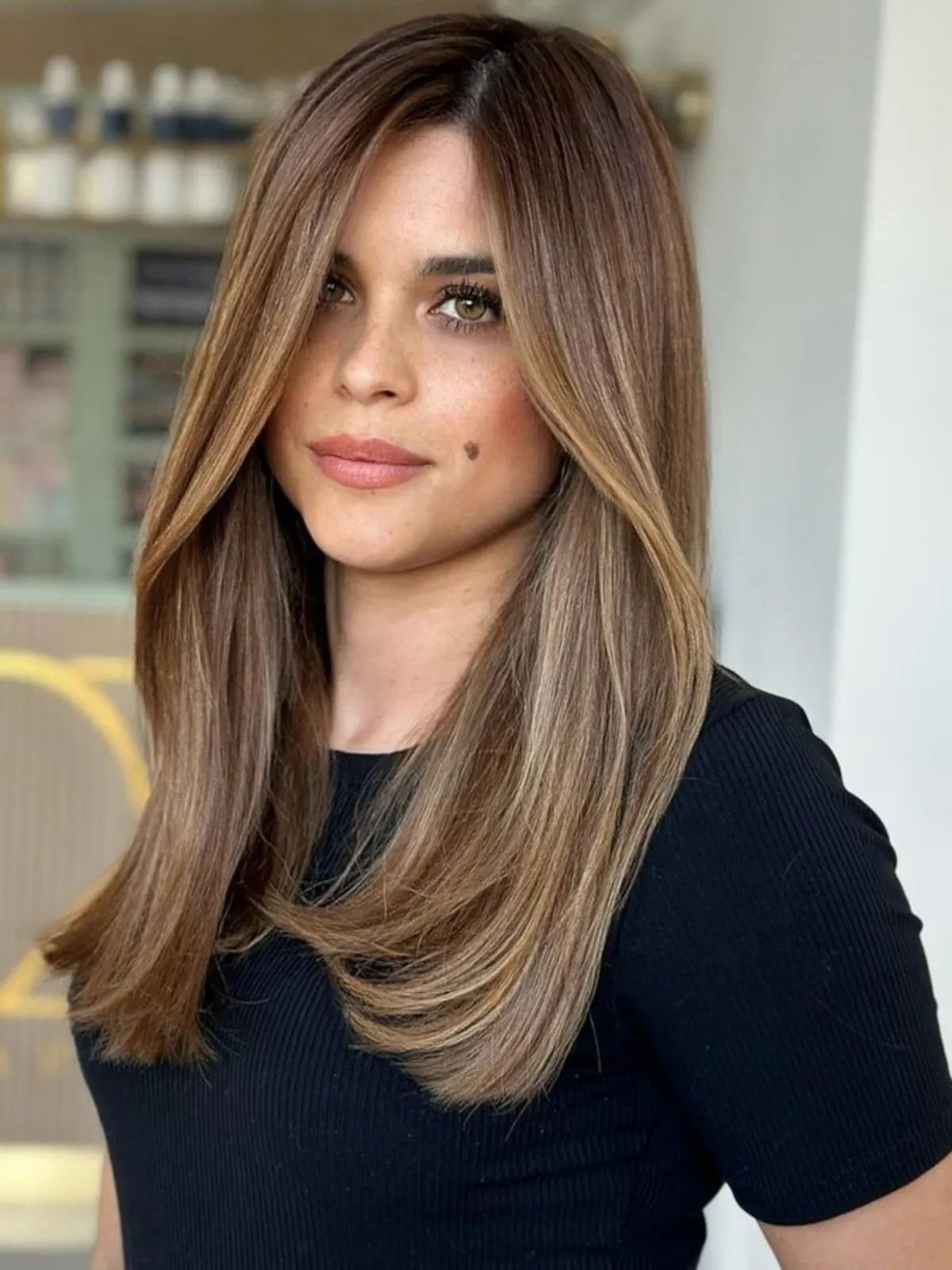 Light Brown With Blonde Balayage And Curtain Bangs Light Brown With Blonde Balayage And Curtain Bangs — Brunette Hair Colors