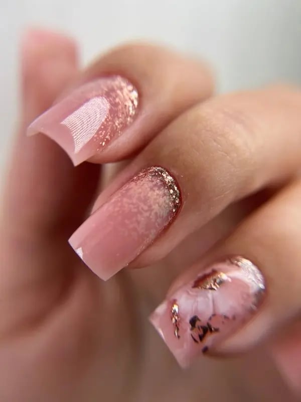 Soft Square Pink With Gold Foil Accents Soft Square Pink With Gold Foil Accents — Builder Gel Nails