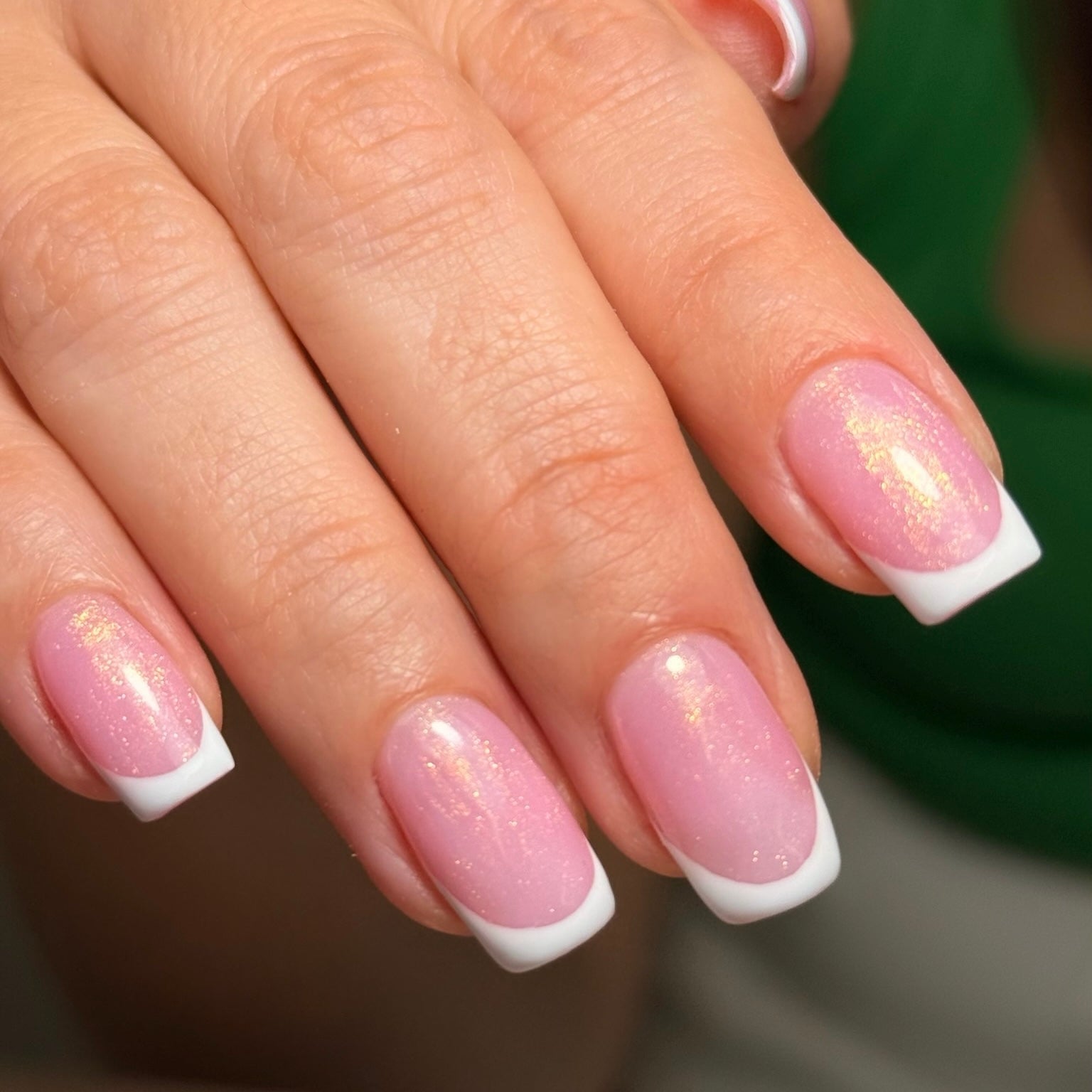Medium Almond Pink French With Gold Shimmer Medium Almond Pink French With Gold Shimmer — Builder Gel Nails