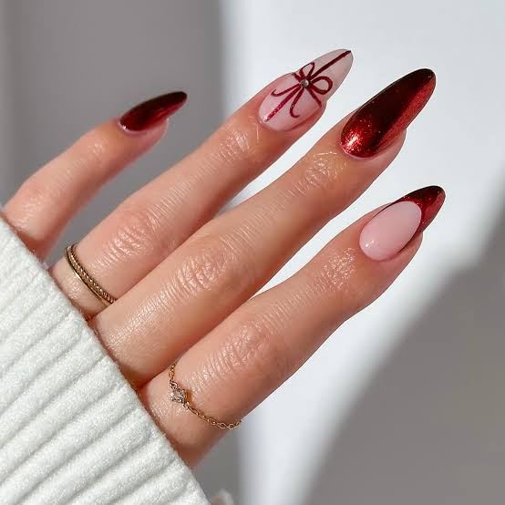 Long Almond Metallic Red With Ribbon Art Long Almond Metallic Red With Ribbon Art — Builder Gel Nails