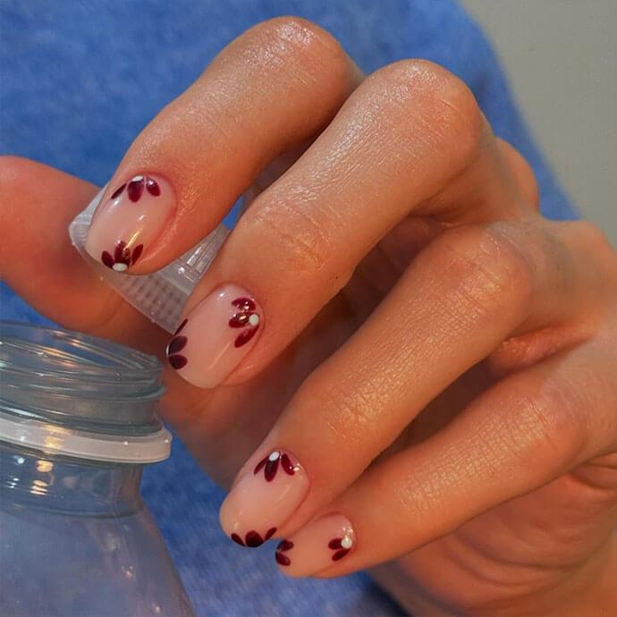 Short Square Sheer Nude With Burgundy Flowers Short Square Sheer Nude With Burgundy Flowers — Builder Gel Nails