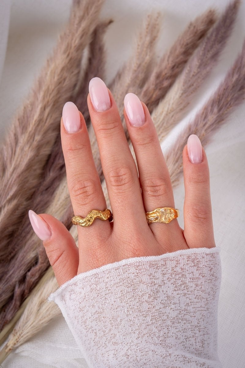 Short Almond Sheer Pink With Gold Ring Short Almond Sheer Pink With Gold Ring — Builder Gel Nails
