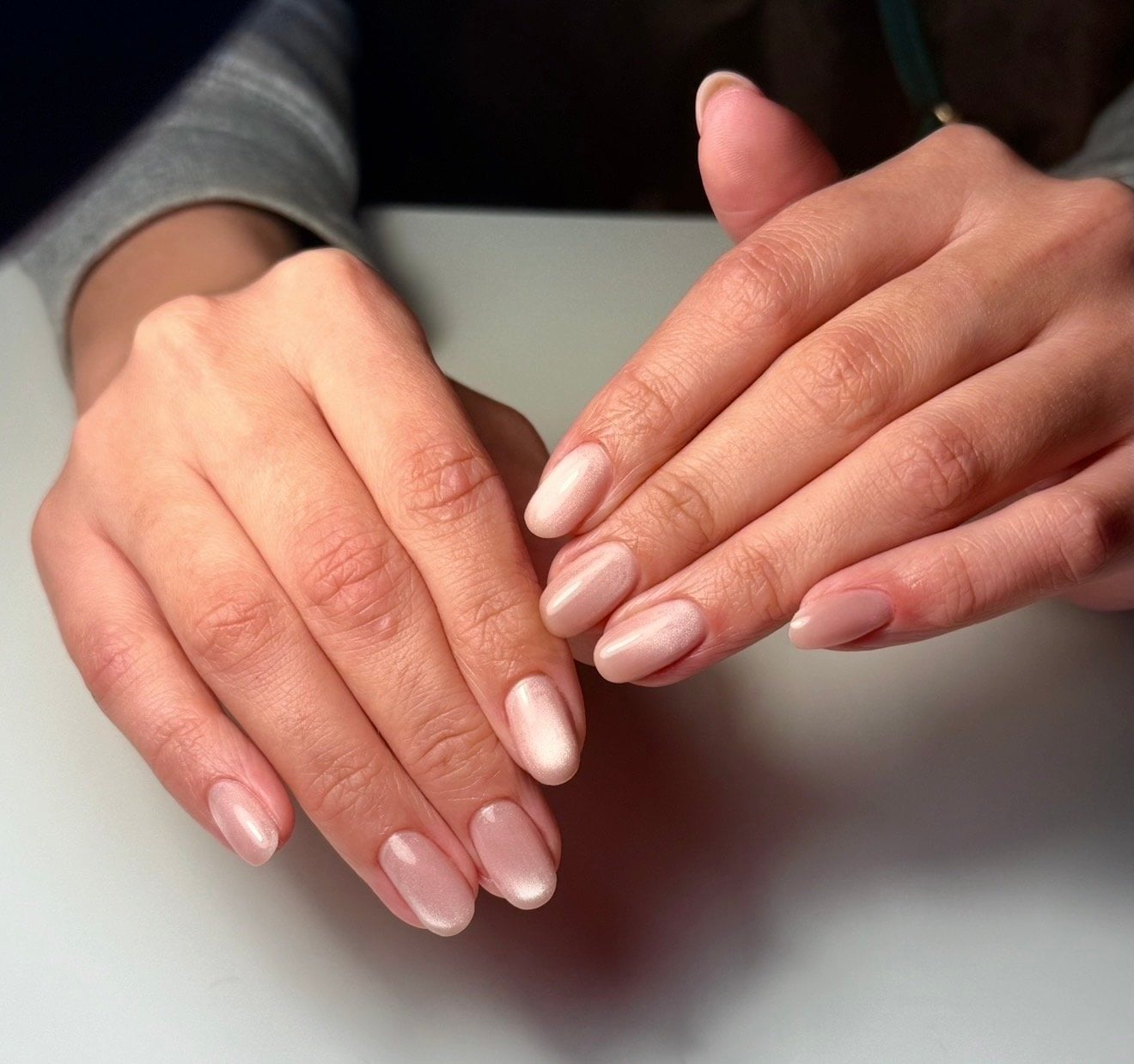 Short Oval Nude Cat Eye Nails Short Oval Nude Cat Eye Nails — Builder Gel Nails