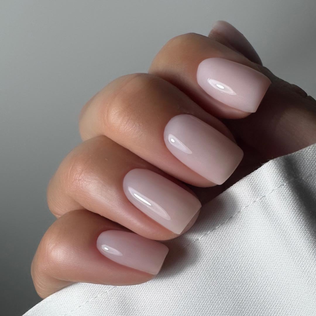 Short Square Sheer Milky Pink Nails, Glossy Short Square Sheer Milky Pink Nails, Glossy — Builder Gel Nails