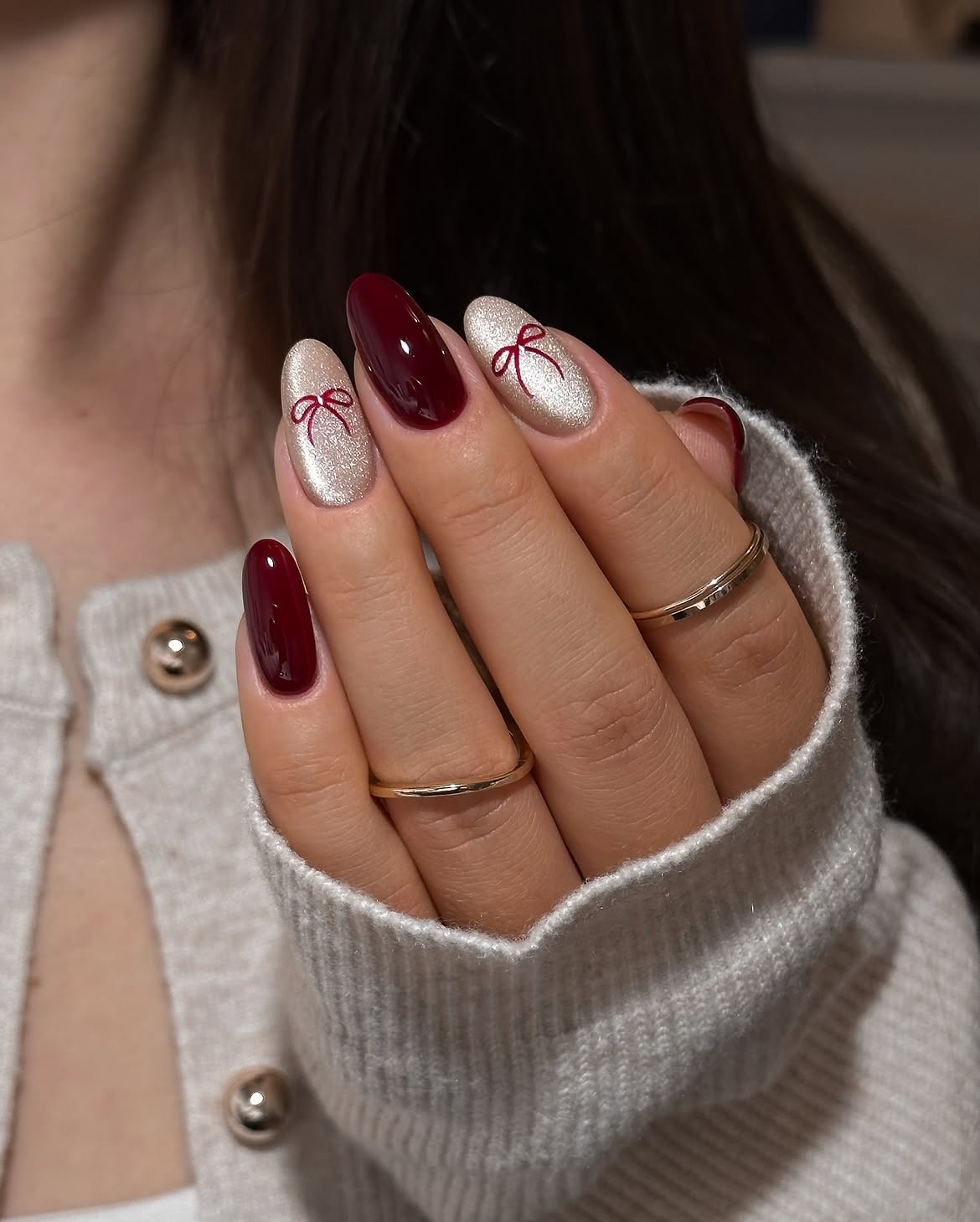 Burgundy and Champagne Shimmer Bow Almond Nails
