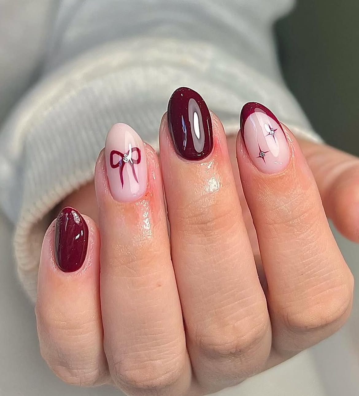 Burgundy and Pink Bow French Tip Nails