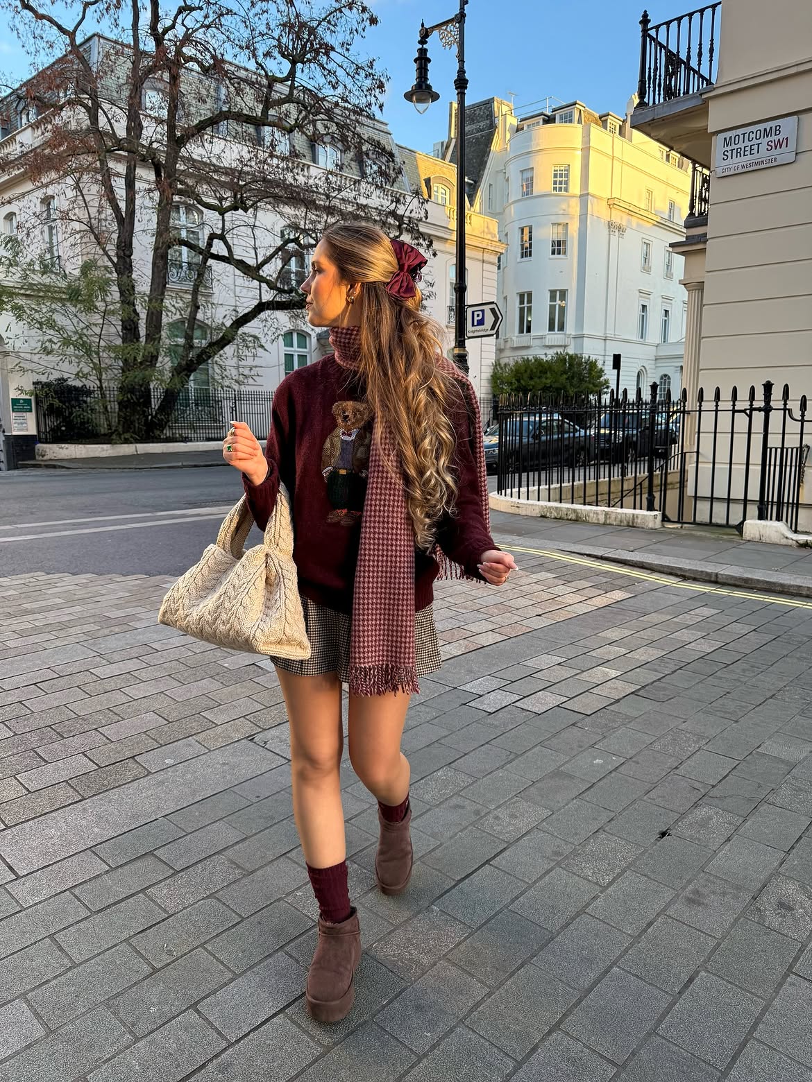 Burgundy Bear Sweater And Plaid Skirt Winter Look