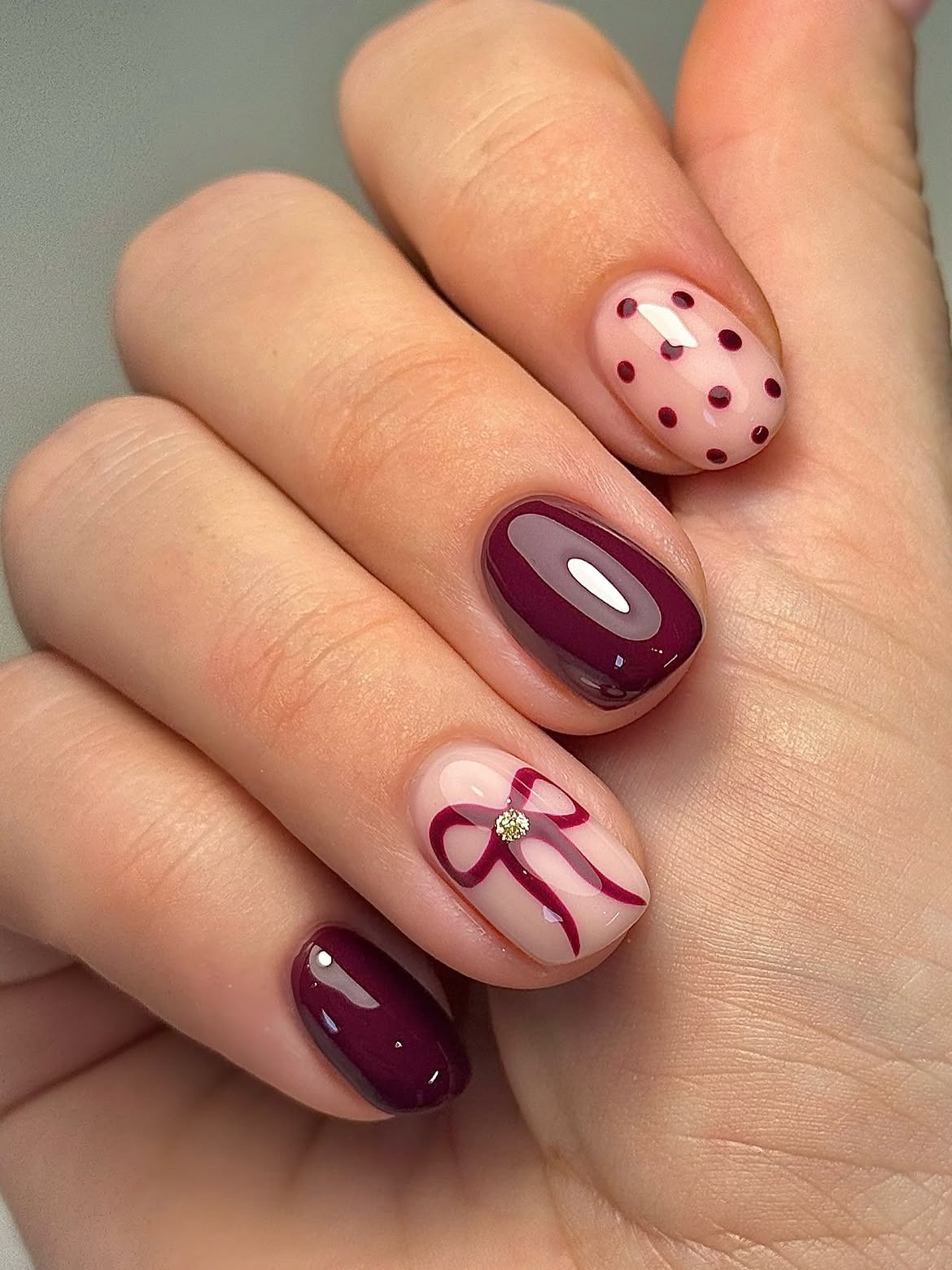 Burgundy Bows and Polka Dots Short Oval Nails