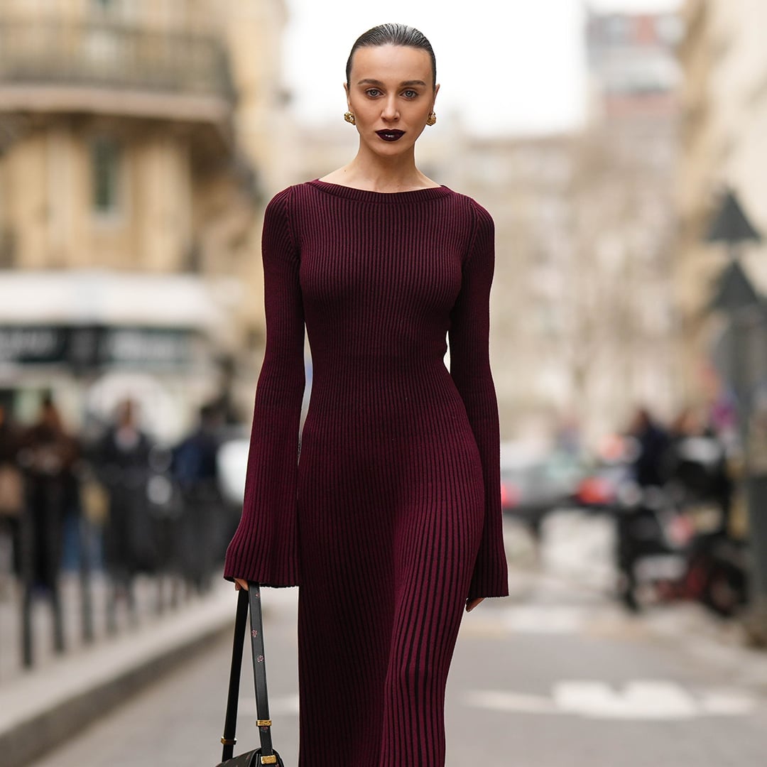 Burgundy Ribbed Knit Dress With Dramatic Bell Sleeves Burgundy Ribbed Knit Dress With Dramatic Bell Sleeves — Burgundy Dress