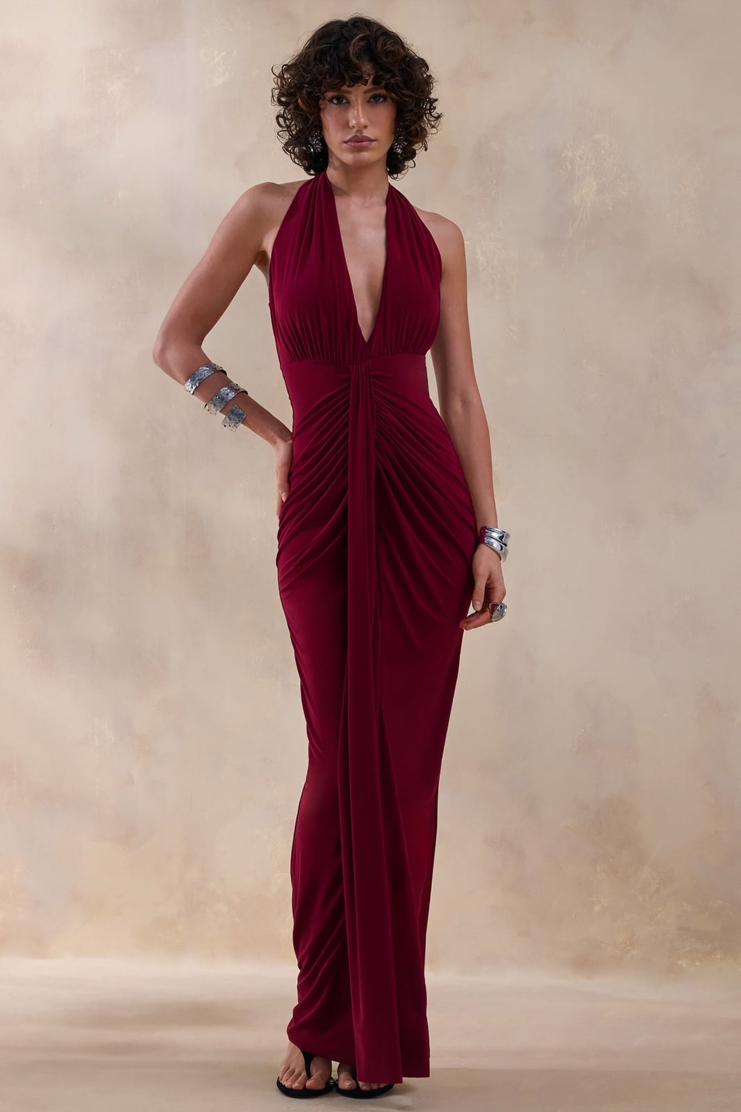 Burgundy Plunge-Neck Maxi Dress With Dramatic Ruching Burgundy Plunge-Neck Maxi Dress With Dramatic Ruching — Burgundy Dress