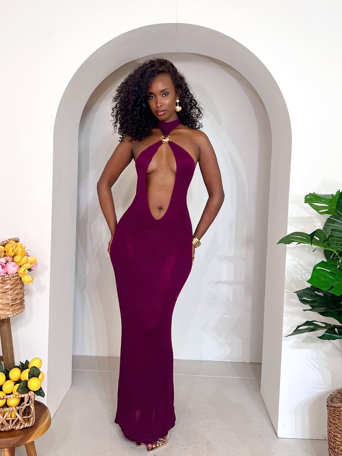 Deep Purple Halter Neck Maxi Dress With Plunging Cut-Out Deep Purple Halter Neck Maxi Dress With Plunging Cut-Out — Burgundy Dress