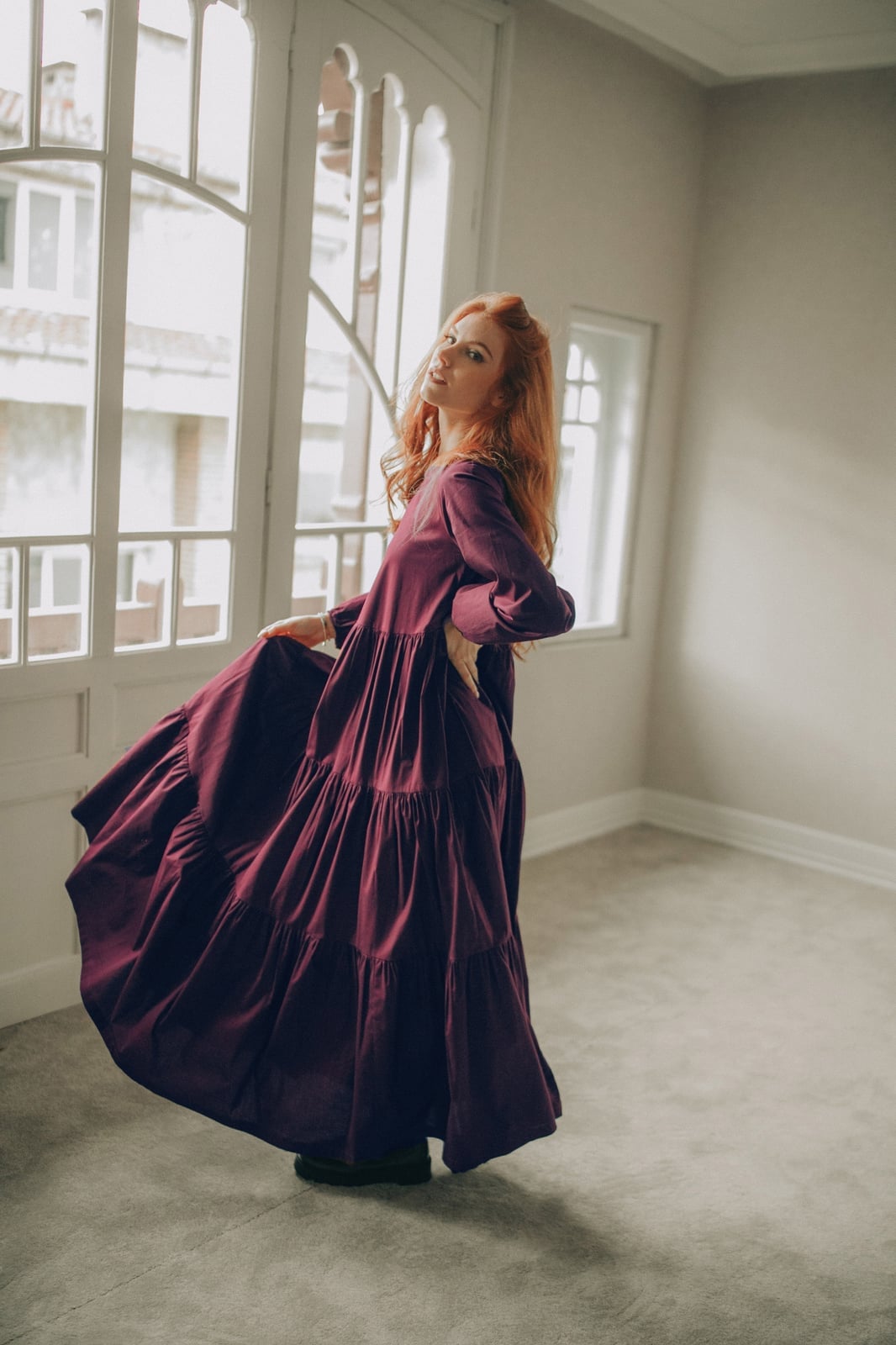 Deep Plum Cotton Maxi Dress With Lace Trim And Tiered Skirt Deep Plum Cotton Maxi Dress With Lace Trim And Tiered Skirt — Burgundy Dress