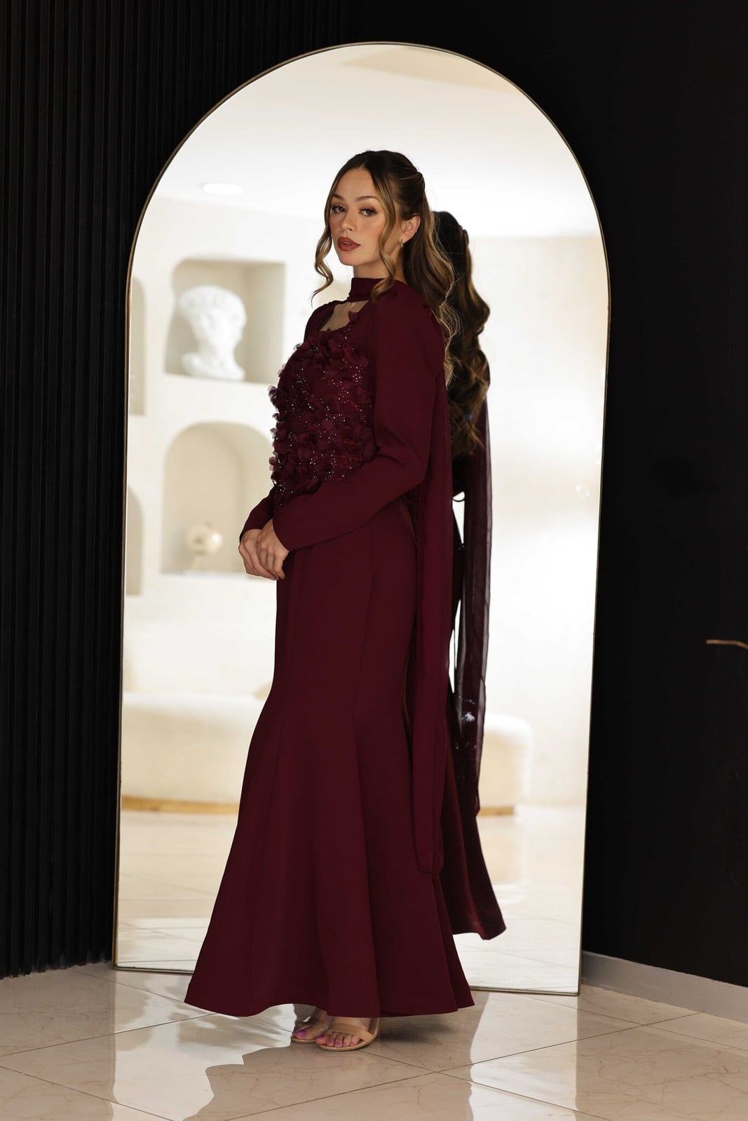 Burgundy Long-Sleeved Dress With Beaded Bodice And Flared Skirt Burgundy Long-Sleeved Dress With Beaded Bodice And Flared Skirt — Burgundy Dress