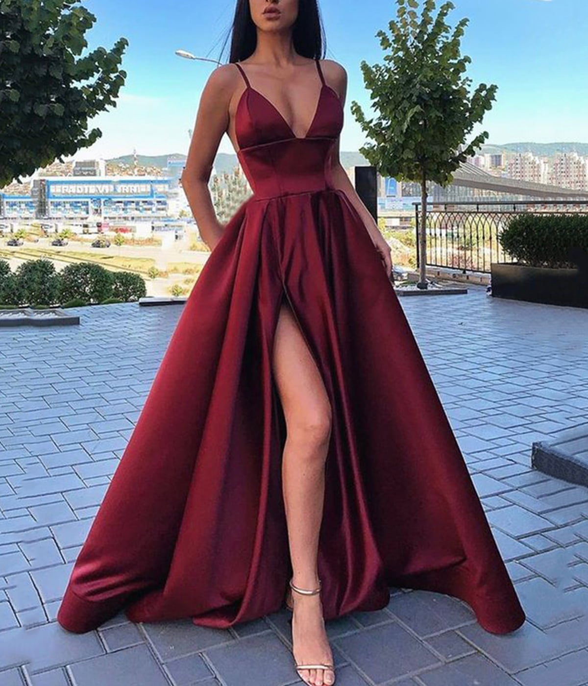 Burgundy Satin Gown With Deep V-Neckline And High Leg Slit Burgundy Satin Gown With Deep V-Neckline And High Leg Slit — Burgundy Dress