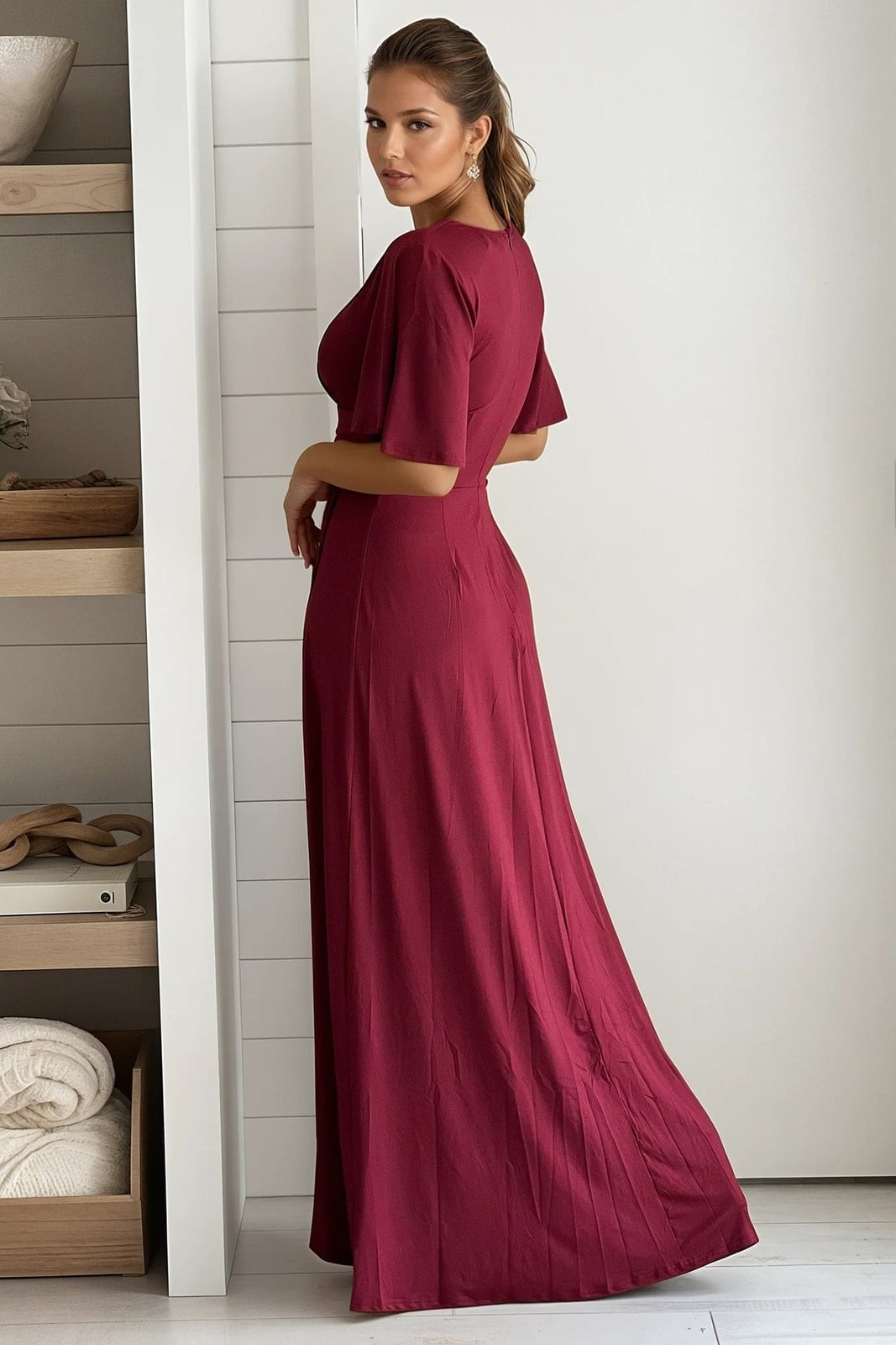 Burgundy Maxi Dress With Flutter Sleeves And Flowing A-Line Skirt Burgundy Maxi Dress With Flutter Sleeves And Flowing A-Line Skirt — Burgundy Dress