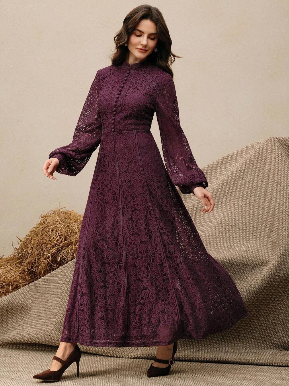 Burgundy Lace Maxi Dress With Balloon Sleeves And Button Detail Burgundy Lace Maxi Dress With Balloon Sleeves And Button Detail — Burgundy Dress