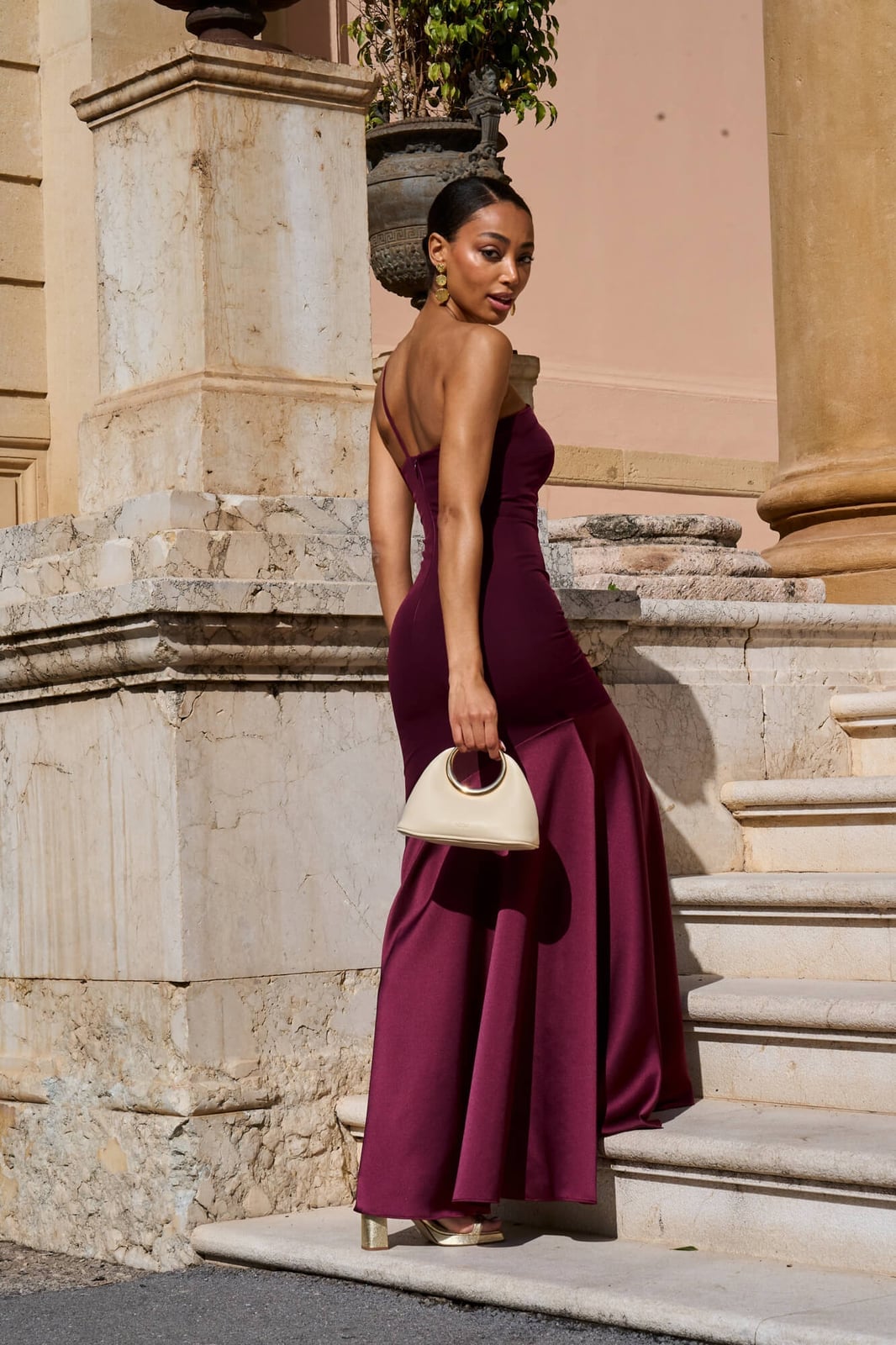Burgundy One-Shoulder Dress With Mermaid Hem Burgundy One-Shoulder Dress With Mermaid Hem — Burgundy Dress