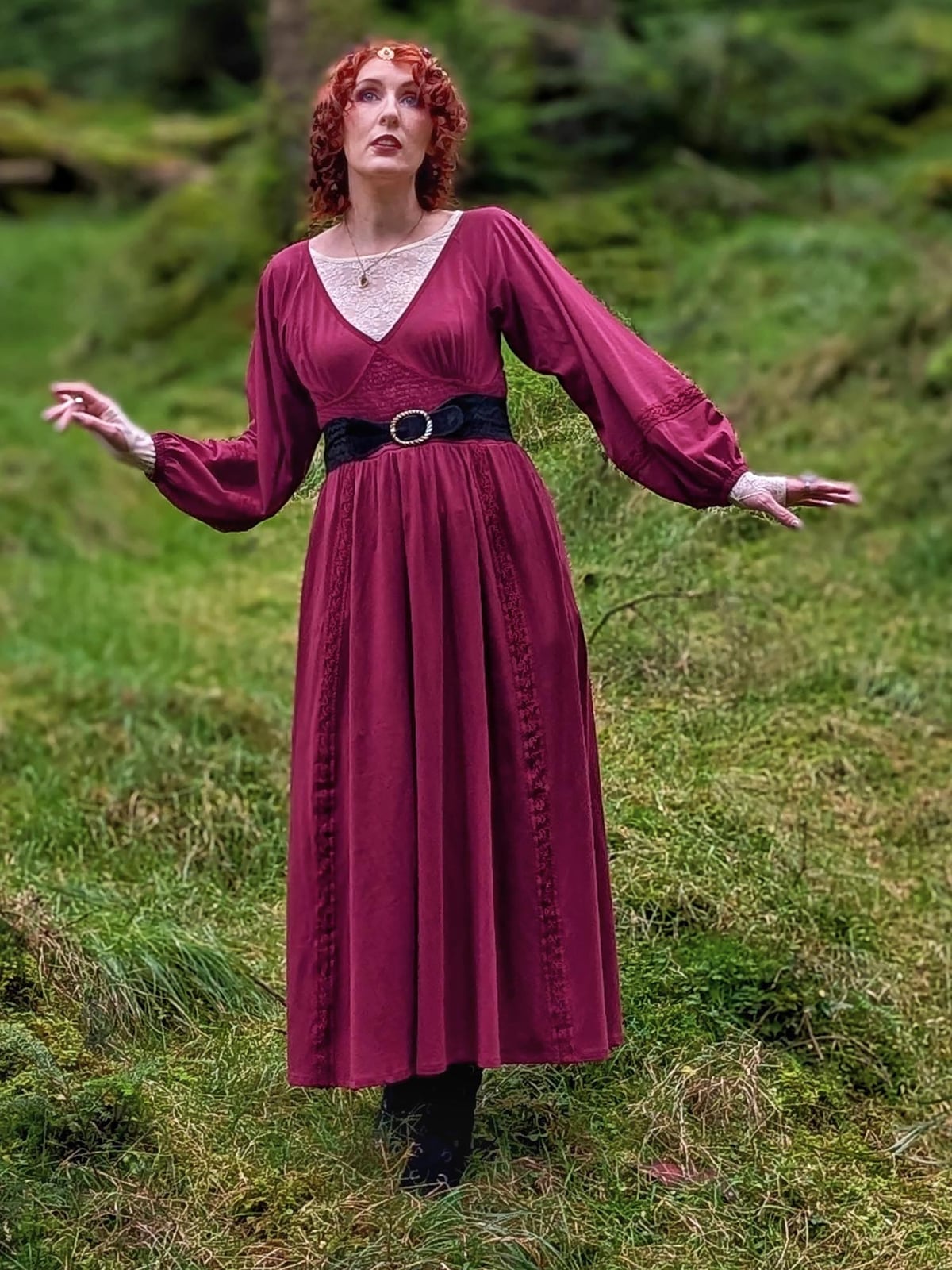 Burgundy Maxi Dress With Balloon Sleeves And Lace Trim, Close-Up Take Burgundy Maxi Dress With Balloon Sleeves And Lace Trim, Close-Up Take — Burgundy Dress