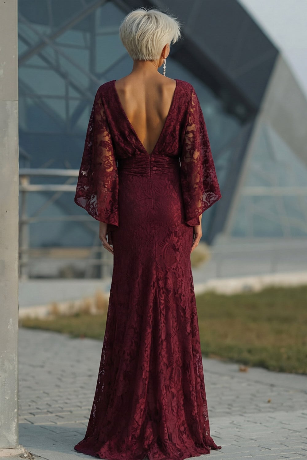 Burgundy Lace Maxi Dress With Cape Sleeves And Open Back Burgundy Lace Maxi Dress With Cape Sleeves And Open Back — Burgundy Dress