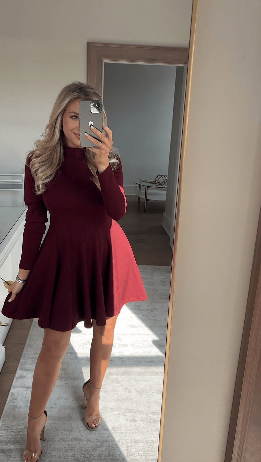 Burgundy Fit And Flare Dress With Long Sleeves Burgundy Fit And Flare Dress With Long Sleeves — Burgundy Dress