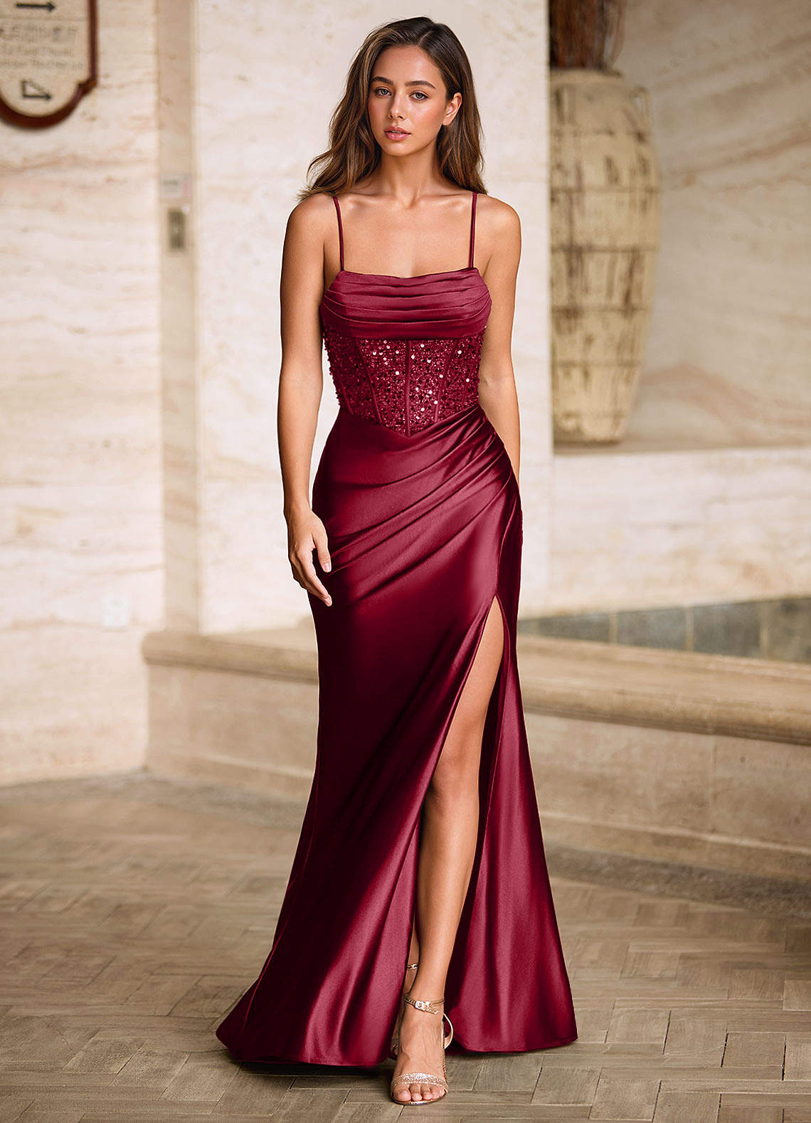 Burgundy Sequin Corset Dress With Cowl Neckline Burgundy Sequin Corset Dress With Cowl Neckline — Burgundy Dress
