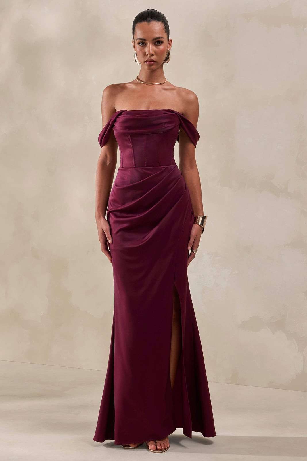 Burgundy Satin Off-The-Shoulder Maxi Dress With Ruched Detailing Burgundy Satin Off-The-Shoulder Maxi Dress With Ruched Detailing — Burgundy Dress