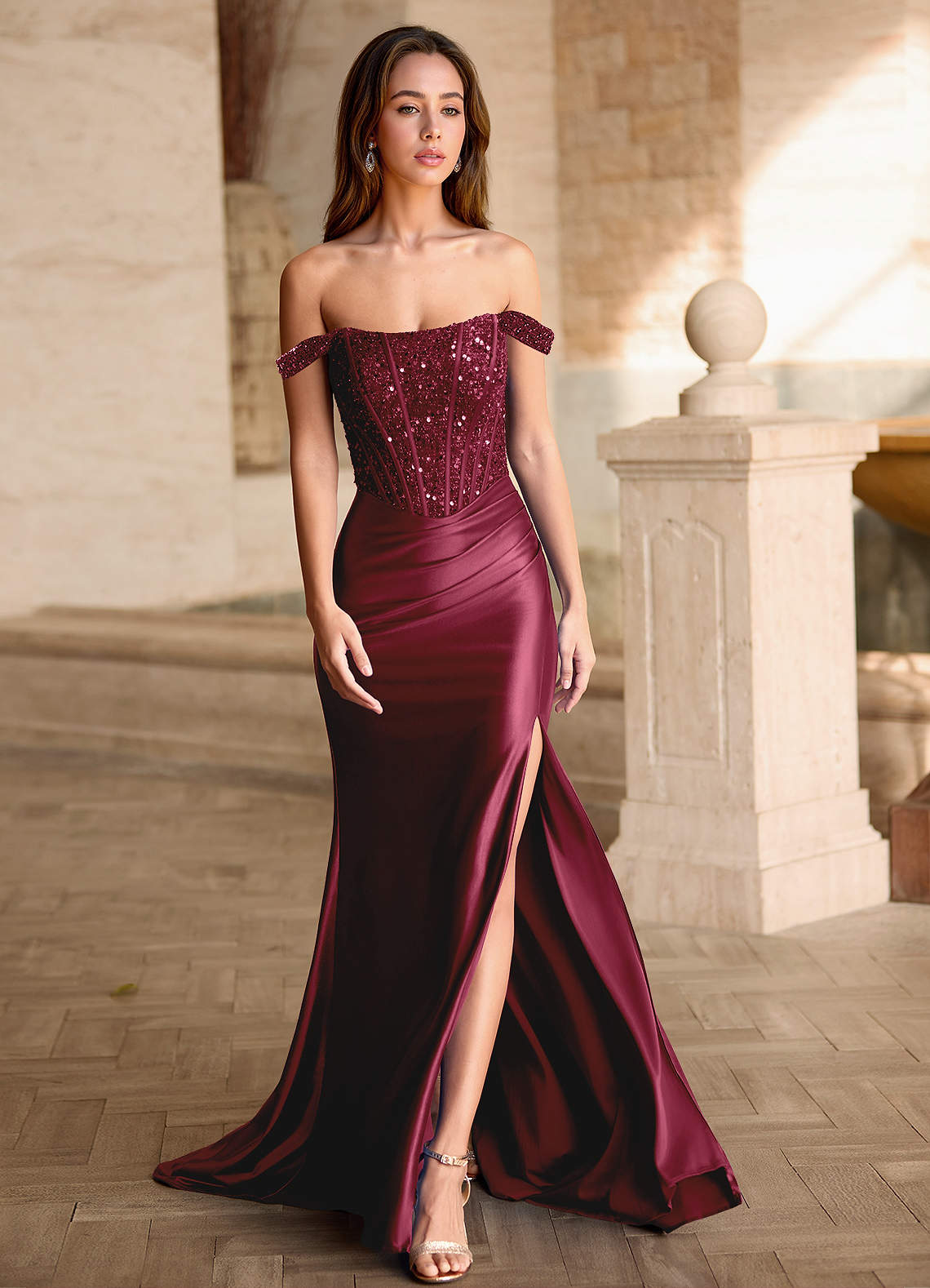 Burgundy Sequined Bodice Maxi Dress With Mermaid Skirt Burgundy Sequined Bodice Maxi Dress With Mermaid Skirt — Burgundy Dress