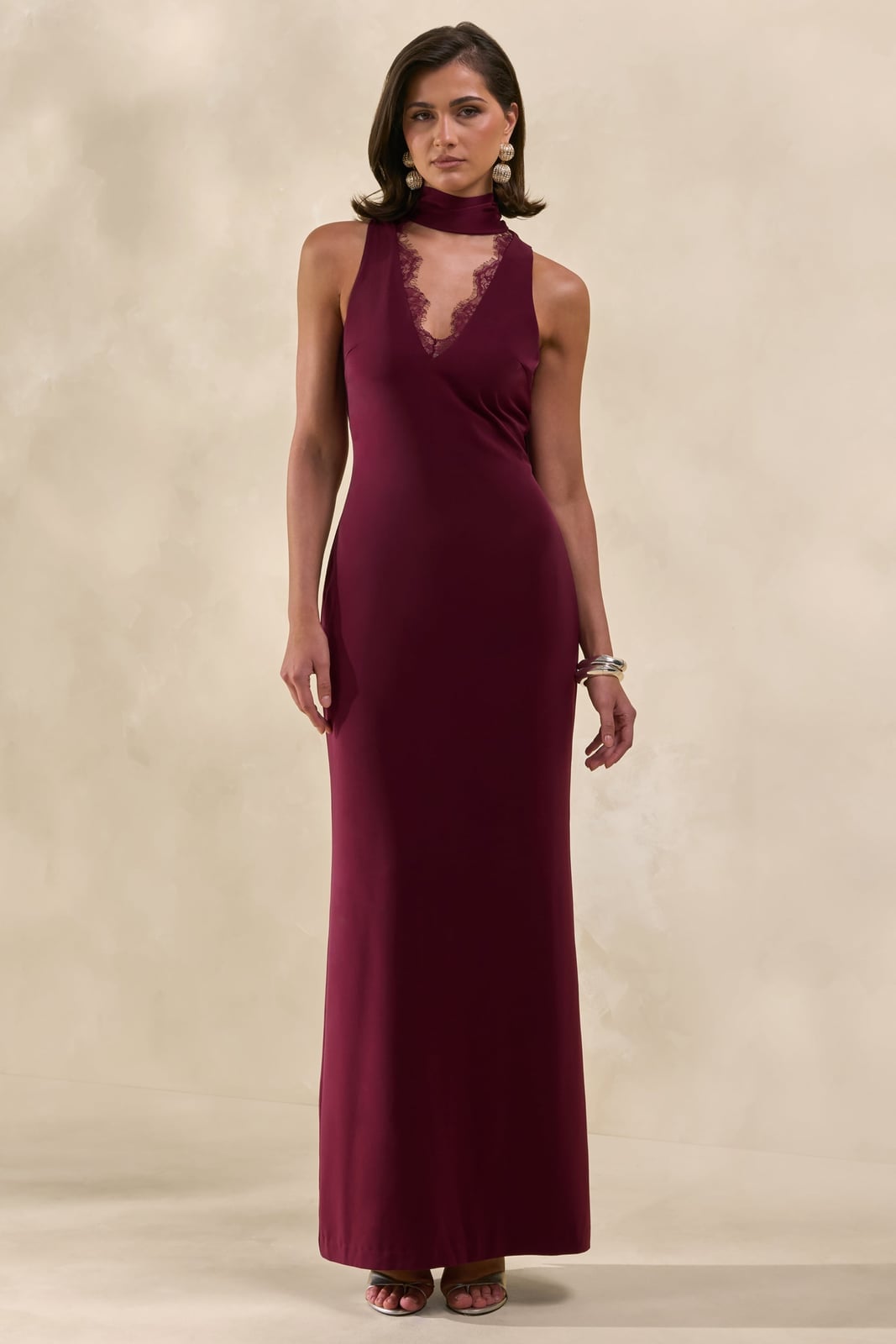 Burgundy Satin High-Neck Maxi Slip Dress Burgundy Satin High-Neck Maxi Slip Dress — Burgundy Dress