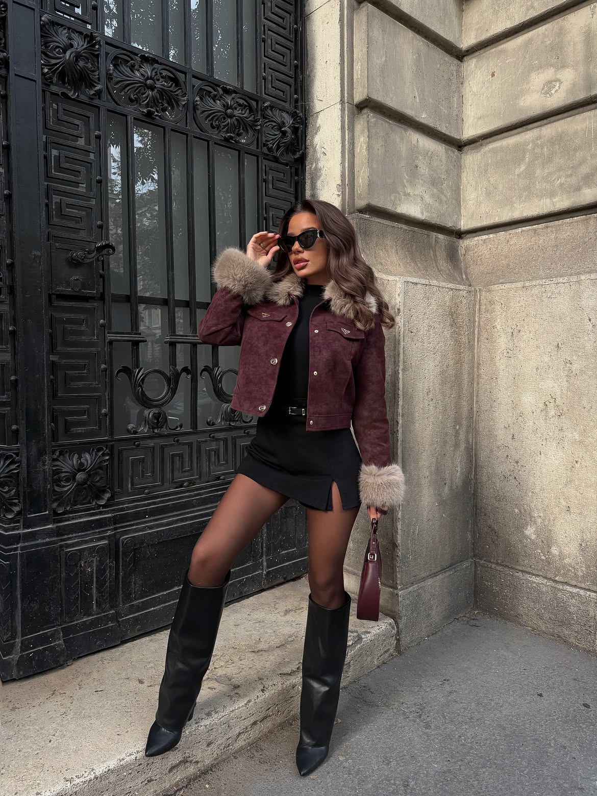 Burgundy Faux Suede Jacket With Black Skirt And Boots