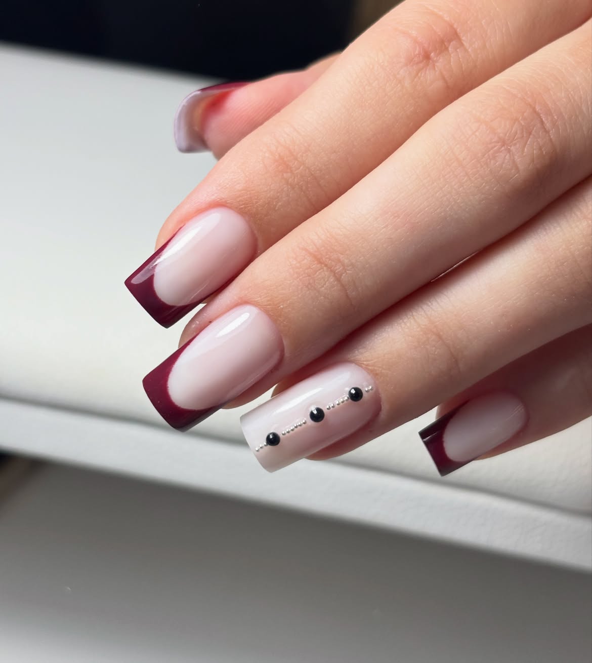 Burgundy French Tip Square Nails with Rhinestone Accent