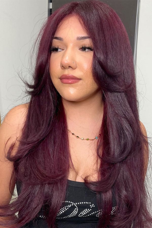 Deep Burgundy With Subtle Highlights And Curtain Bangs Deep Burgundy With Subtle Highlights And Curtain Bangs — Burgundy Highlights