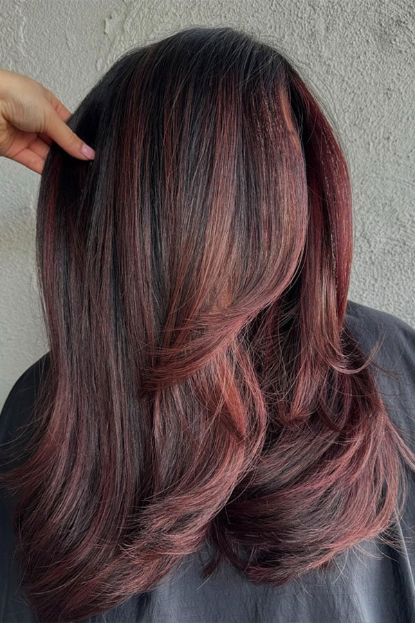 Mid-Back Dark Base With Burgundy Highlights, Curtain Bangs Mid-Back Dark Base With Burgundy Highlights, Curtain Bangs