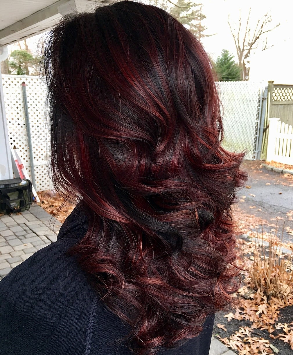 Mid-Back Burgundy Base With Lighter Highlights Curls Mid-Back Burgundy Base With Lighter Highlights Curls — Burgundy Highlights