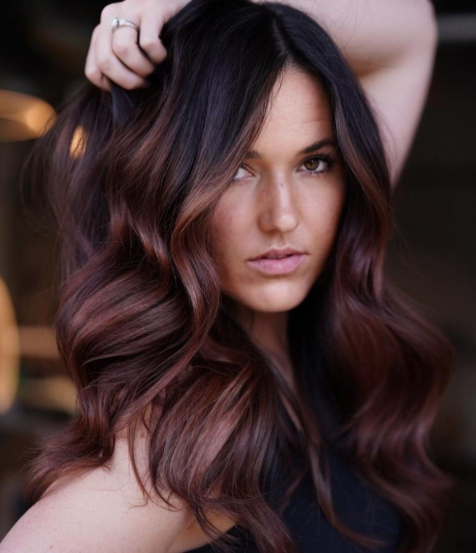 Mid-Back Dark Brown With Subtle Burgundy Highlights, Wavy Mid-Back Dark Brown With Subtle Burgundy Highlights, Wavy