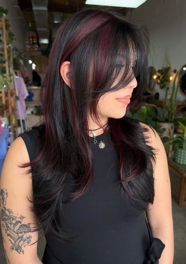 Shoulder Length Shag With Burgundy Highlights Shoulder Length Shag With Burgundy Highlights