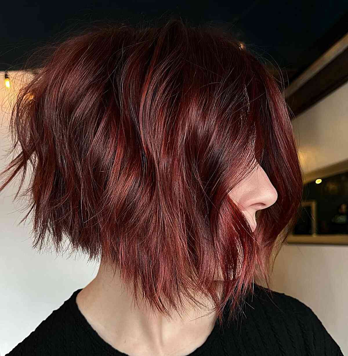 Collarbone Bob Rich Burgundy With Subtle Highlights, Wavy Collarbone Bob Rich Burgundy With Subtle Highlights, Wavy — Burgundy Highlights