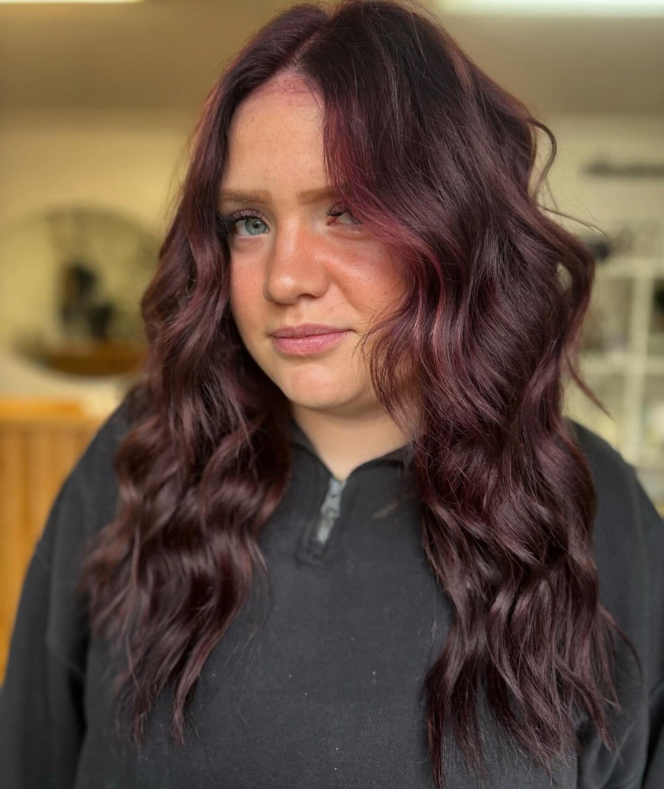Mid-Back Dark Burgundy With Lighter Highlights, Layers Mid-Back Dark Burgundy With Lighter Highlights, Layers — Burgundy Highlights
