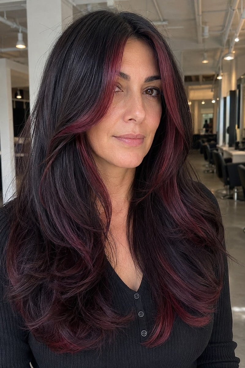 Mid-Back Wavy Hair With Face Framing Burgundy Mid-Back Wavy Hair With Face Framing Burgundy — Burgundy Highlights