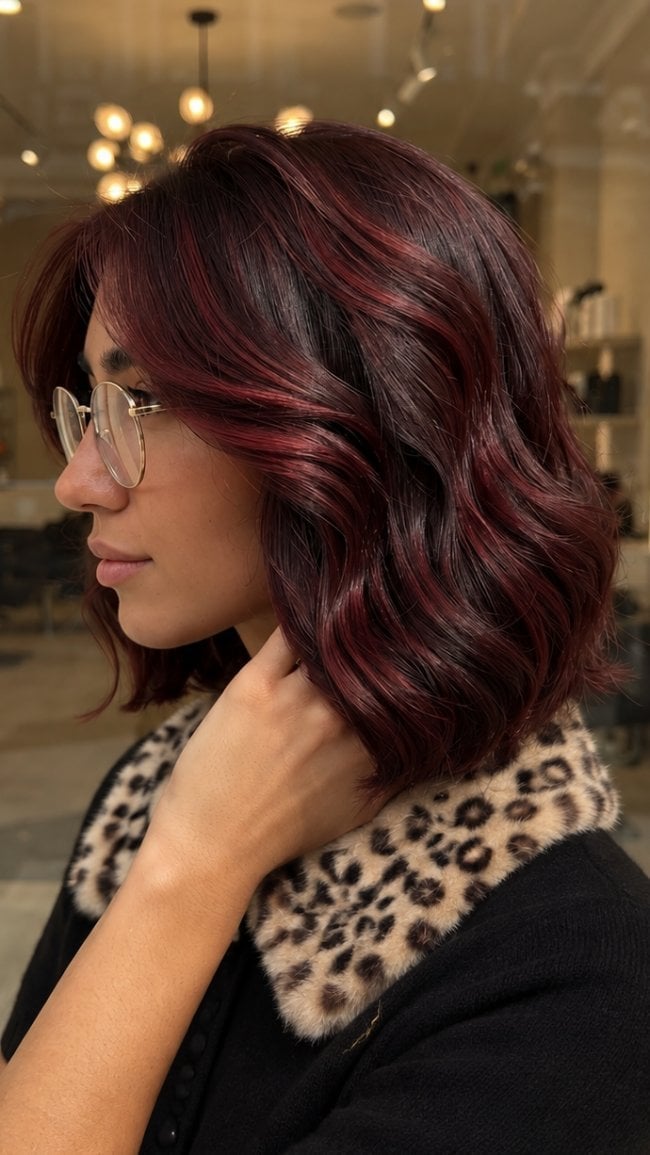 Chin Length Bob Dark Cherry Cola With Highlights Chin Length Bob Dark Cherry Cola With Highlights — Burgundy Highlights